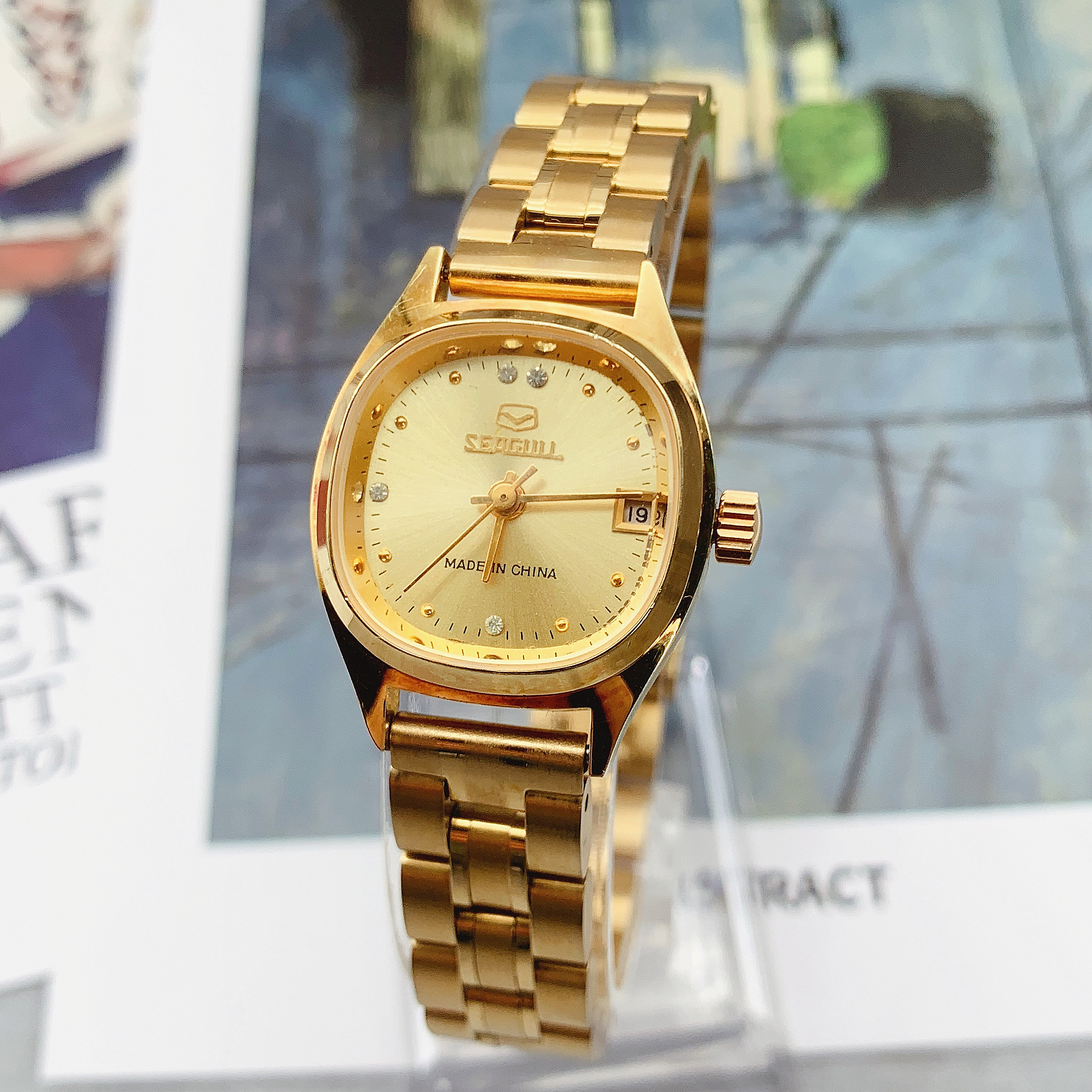 国货天津海鸥全新库存方形复古防水小金表简约带日历女士中古手表