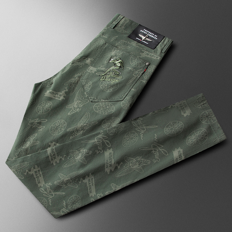 夏季薄款军绿色印花休闲裤男轻奢商务暗纹提花刺绣男士裤子舒适潮