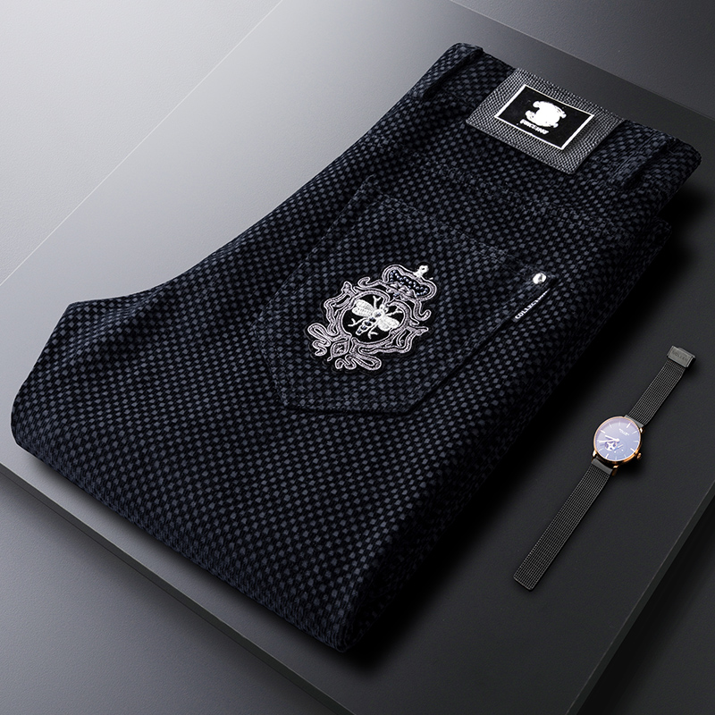 轻奢好货冬季黑色灯芯绒裤子男修身时尚男士蜜蜂刺绣休闲裤厚款潮