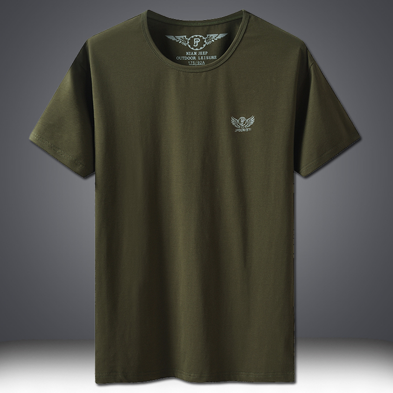 高品质军绿色t恤 微弹力新疆棉男装宽松胖子大码纯色纯棉透气汗衫