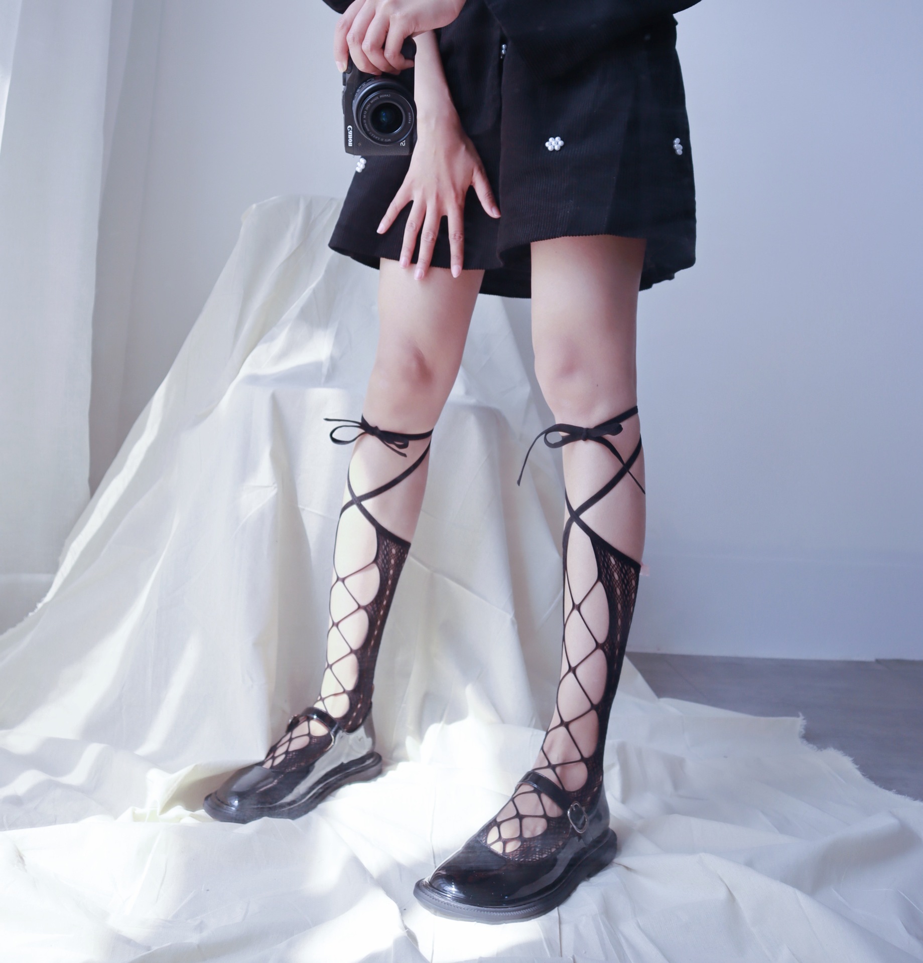 莉莉弹力网袜小腿ins短袜蕾丝高弹力绑带镂空中筒袜