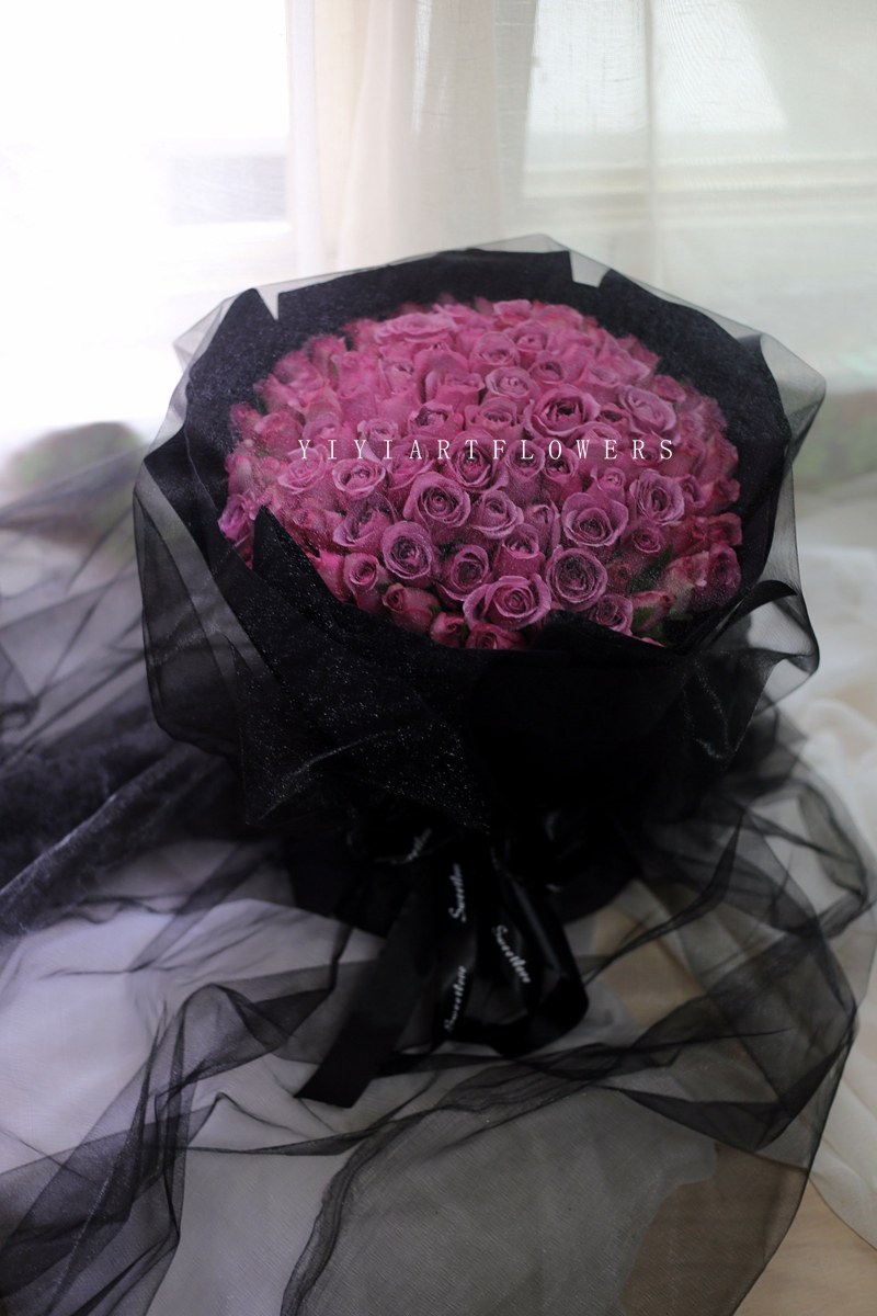 99朵紫玫瑰黑纱花束北京鲜花速递速递同城鲜花店女友鲜花速递同城
