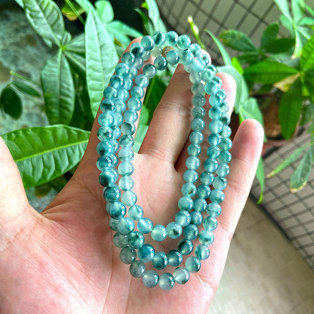 善诚翡翠天然翡翠货冰蓝花圆珠玉石珠串项链108颗珠宝奇石