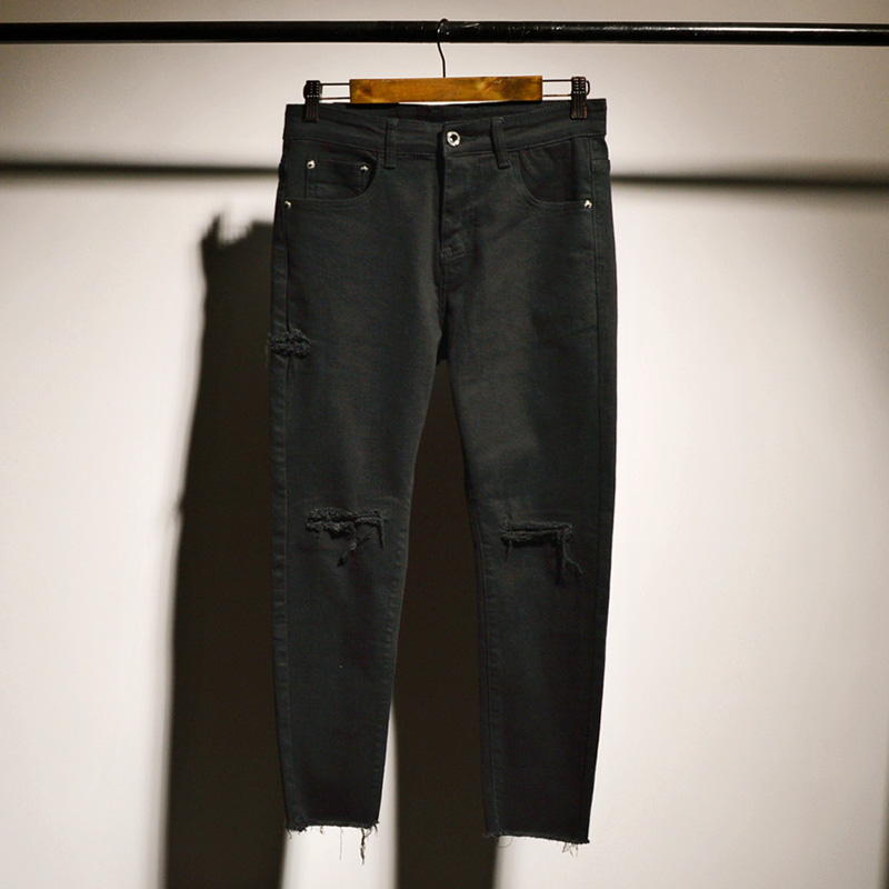 春秋弹力假破洞九分牛仔裤男士鸟店男装韩版潮流修身毛边小脚裤男