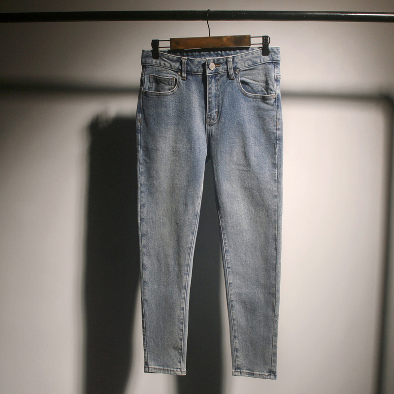春秋新款简约做旧休闲九分牛仔裤男士男装韩版修身日常百搭小脚裤