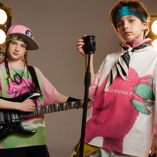 MQD儿童长袖T恤2026春夏新款男女童潮酷撞色印花休闲上衣打底衫