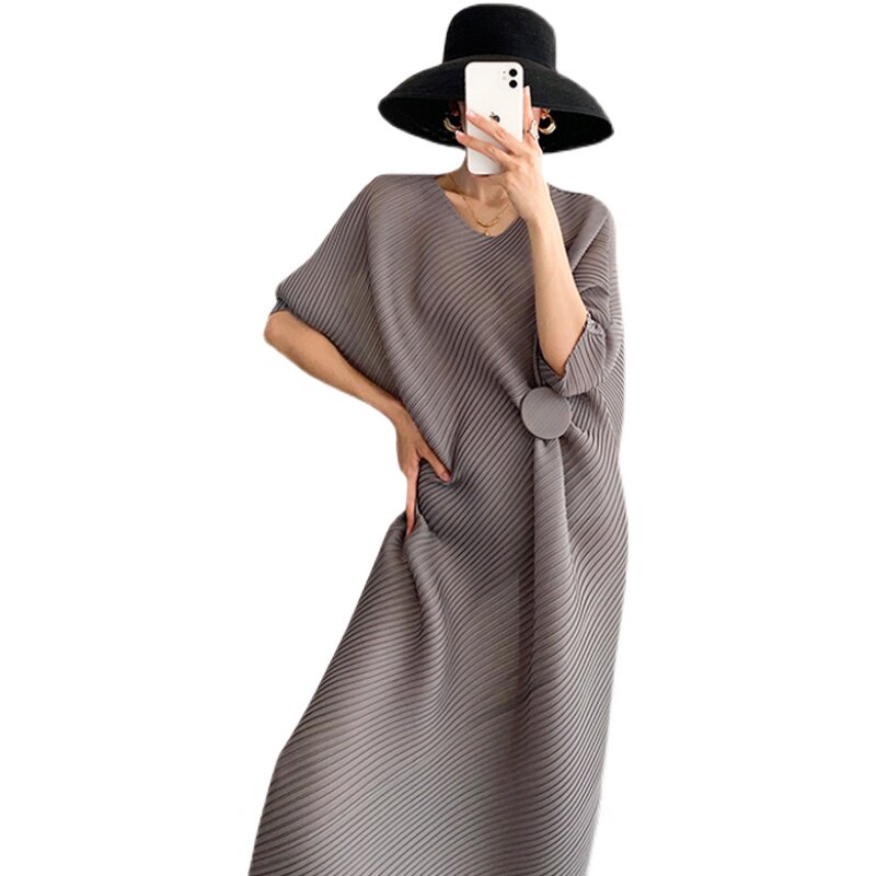 py褶皱连衣裙不规则设计三宅压褶斜纹肚子显瘦连衣裙