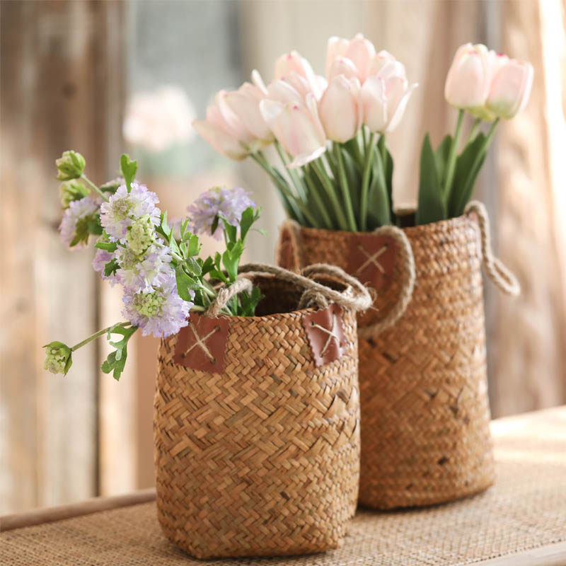 鸟与花家手工麻绳双耳草编小花花篮大小小号美式花篮