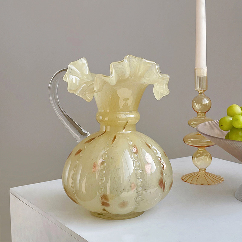 中古fenton芬顿花瓶褶皱花边白色单耳玻璃客厅花瓶