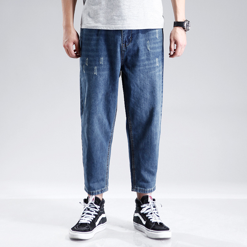 日系九分牛仔裤男潮牌宽松哈伦小脚破洞夏季男士大码胖子百搭裤子
