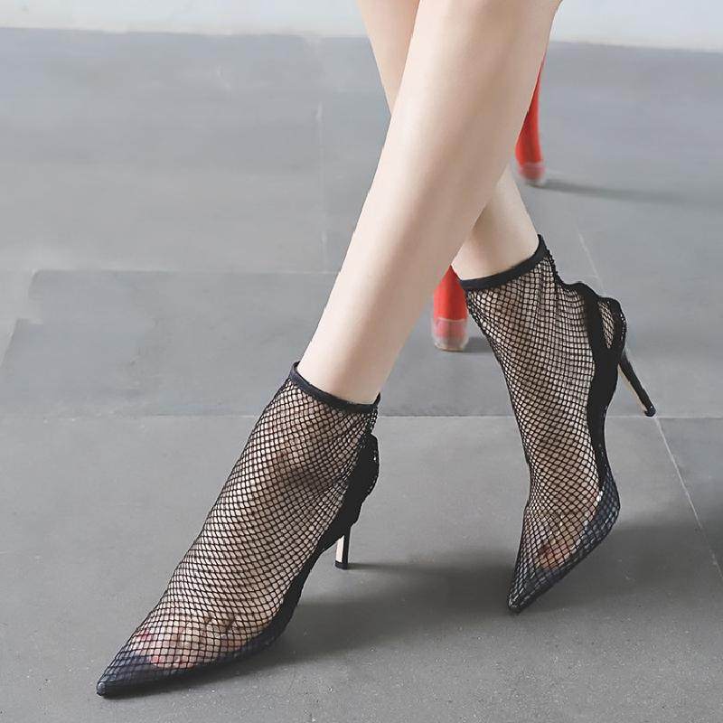 2018夏新款欧美性感尖头细高跟网靴女高帮黑色网纱透气凉靴凉鞋潮