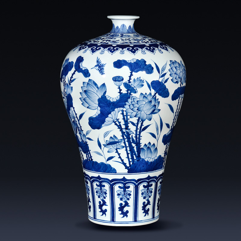 景德镇陶瓷器 仿古青花瓷手绘荷花花瓶 新中式客厅玄关装饰品摆件