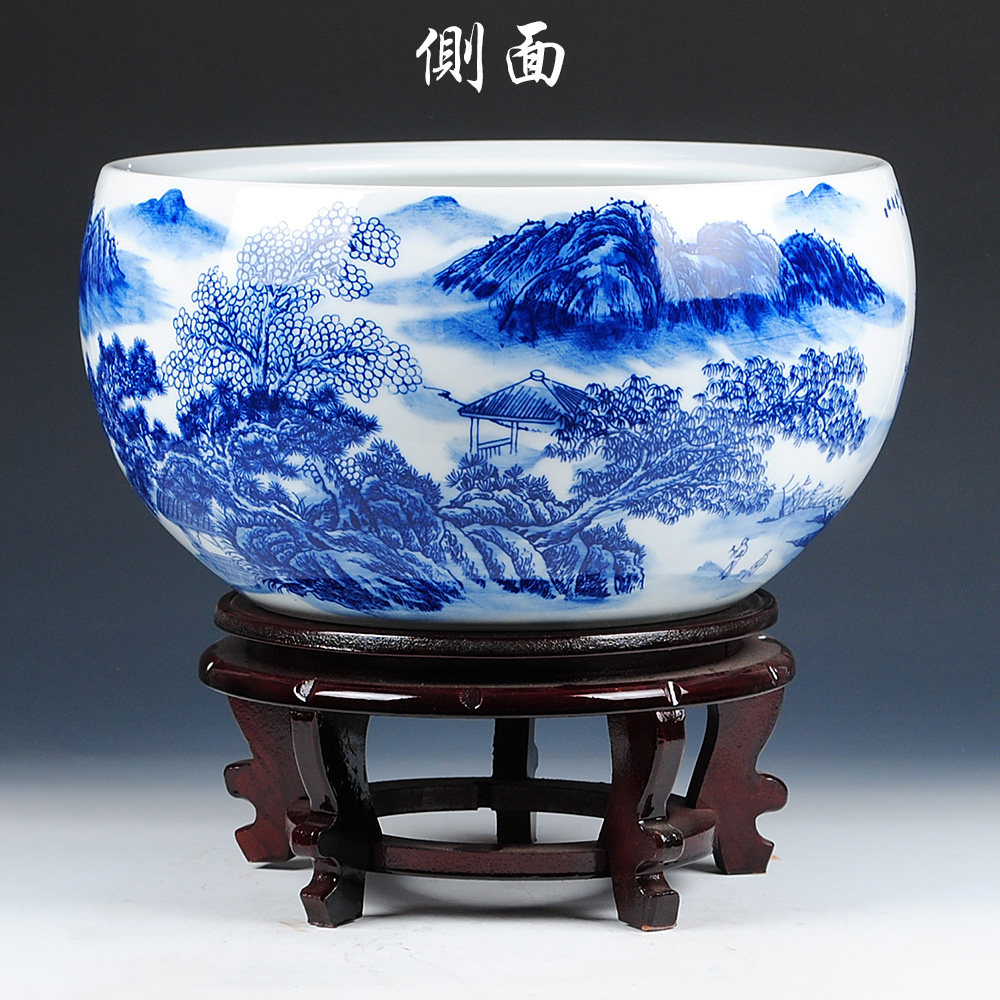 景德镇陶瓷器青花瓷手工山水画溪山访友金鱼缸鱼缸乌龟鱼缸