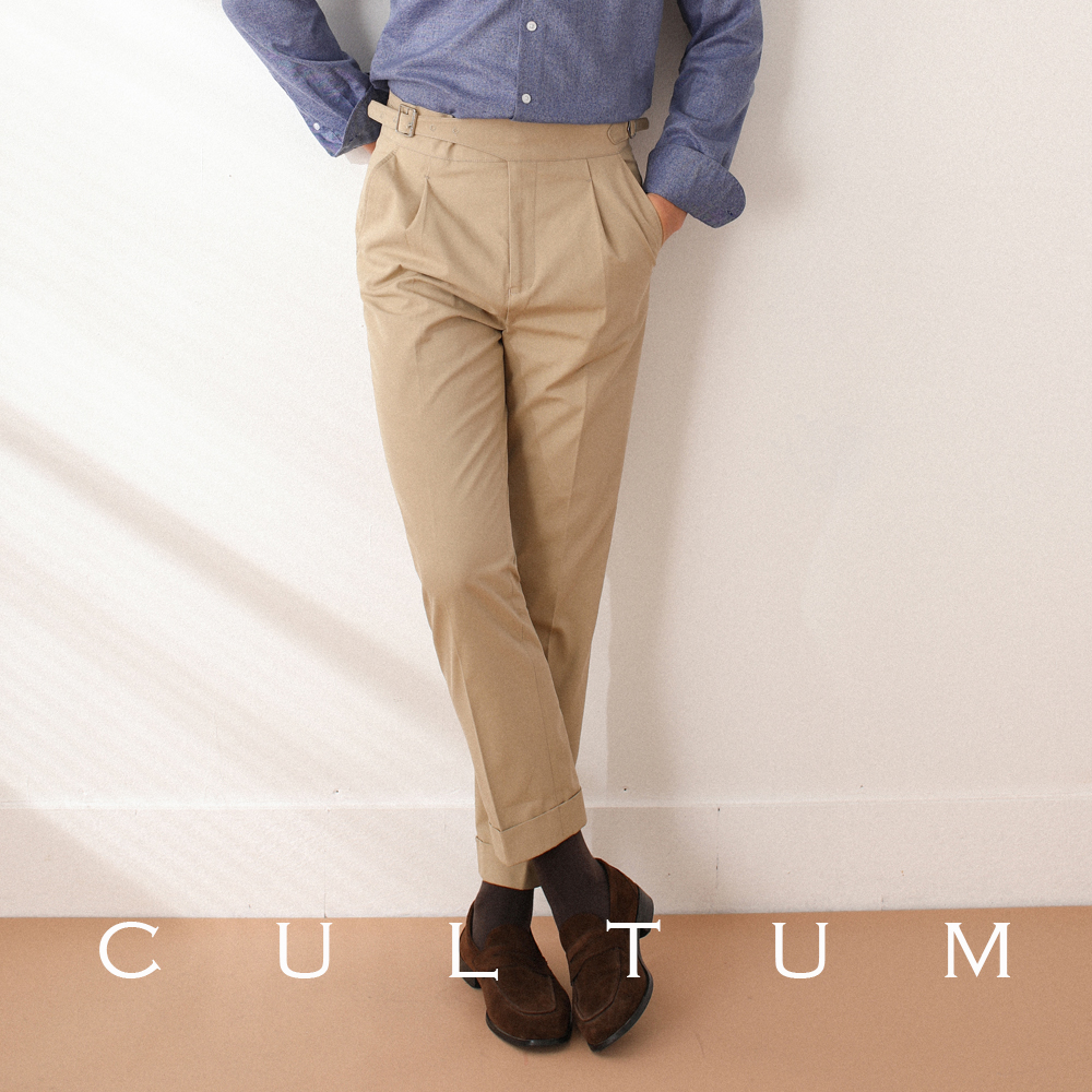 CULTUM意式那不勒斯免腰带褶边直筒休闲裤男绅士免烫西裤潮流长裤