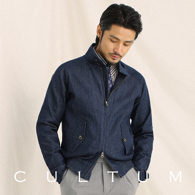 CULTUM 水洗牛仔面料 复古立领哈灵顿夹克男长袖修身帅气茄克外套