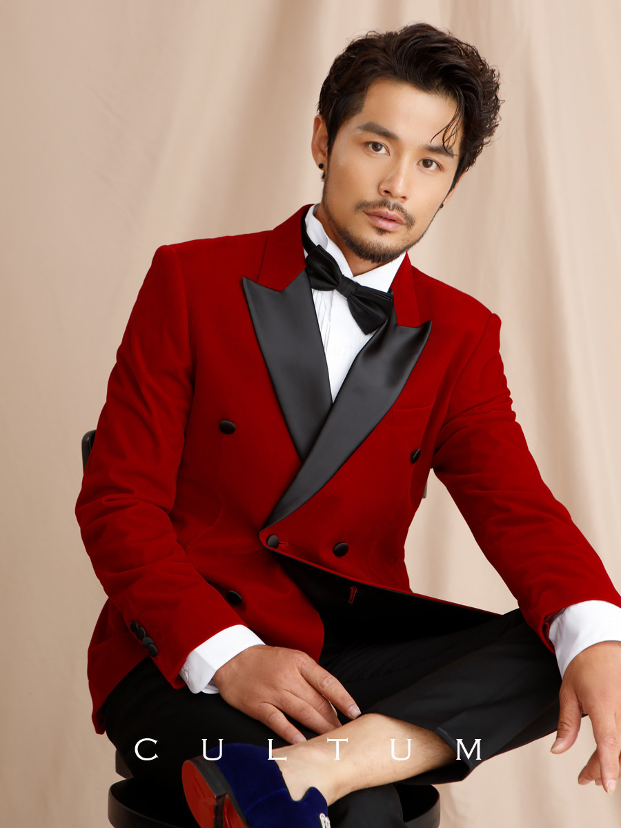 天鹅绒双排扣修身婚礼宴会男结婚新郎西服套装礼服男灯芯绒大码红