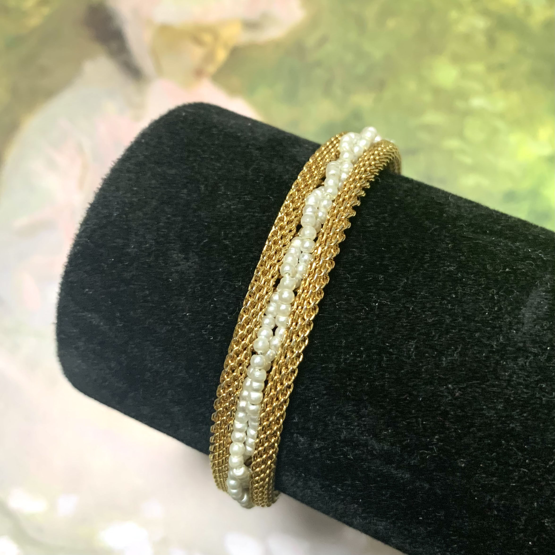 kyvintage金属金属网网格编织珍珠点缀米珠手链手链