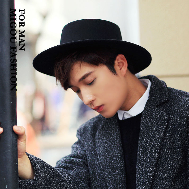 米购韩版新款秋冬黑色平顶礼帽个性帽子