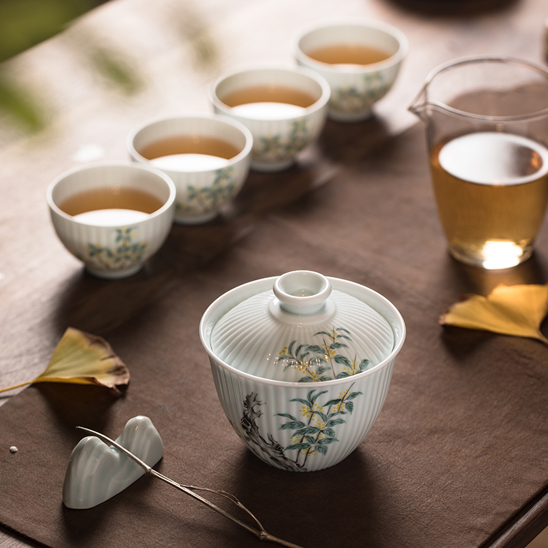 手绘桂花盖碗泡茶茶碗景德镇手工影青雕刻新彩盖碗