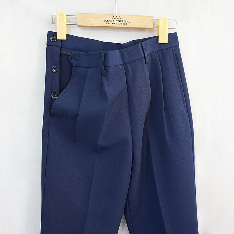 秋冬季侧边纽扣西装裤旁开口长裤中老年女裤浅蓝中老年女装