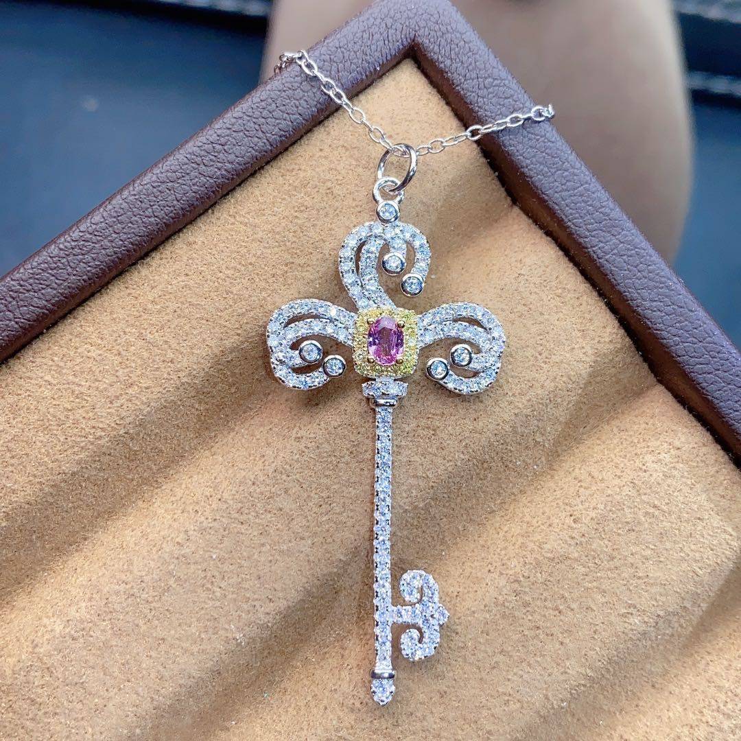 新款天然无烧帕拉恰粉蓝宝吊坠3mm925精工镶嵌项坠