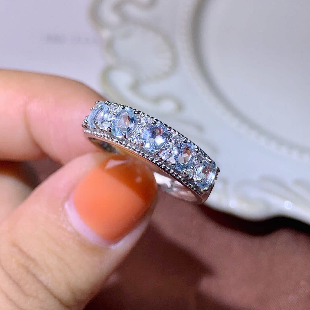 海蓝宝s925银镶天然戒指主石尺寸4mm925银镀白金戒指