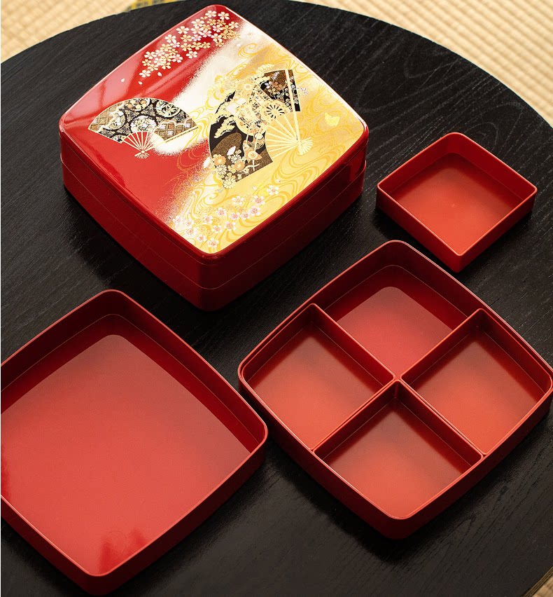 点心日本山中漆器金箔双层层带隔层糖果大号饭盒