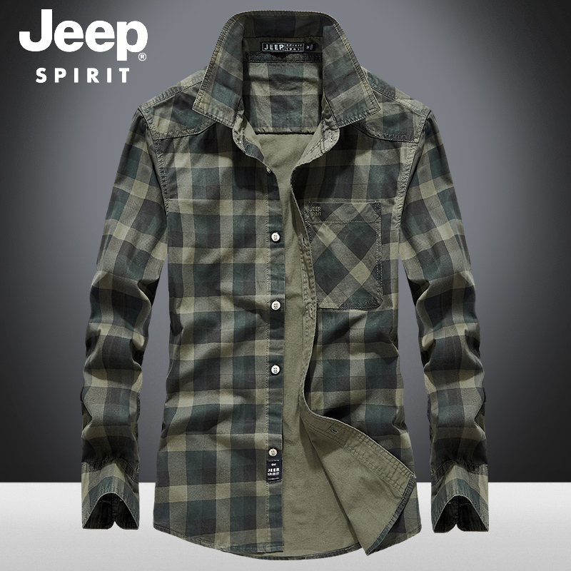 吉普长袖衬衫男士秋季休闲宽松工装军旅JEEP男装纯棉百搭格子衬衣