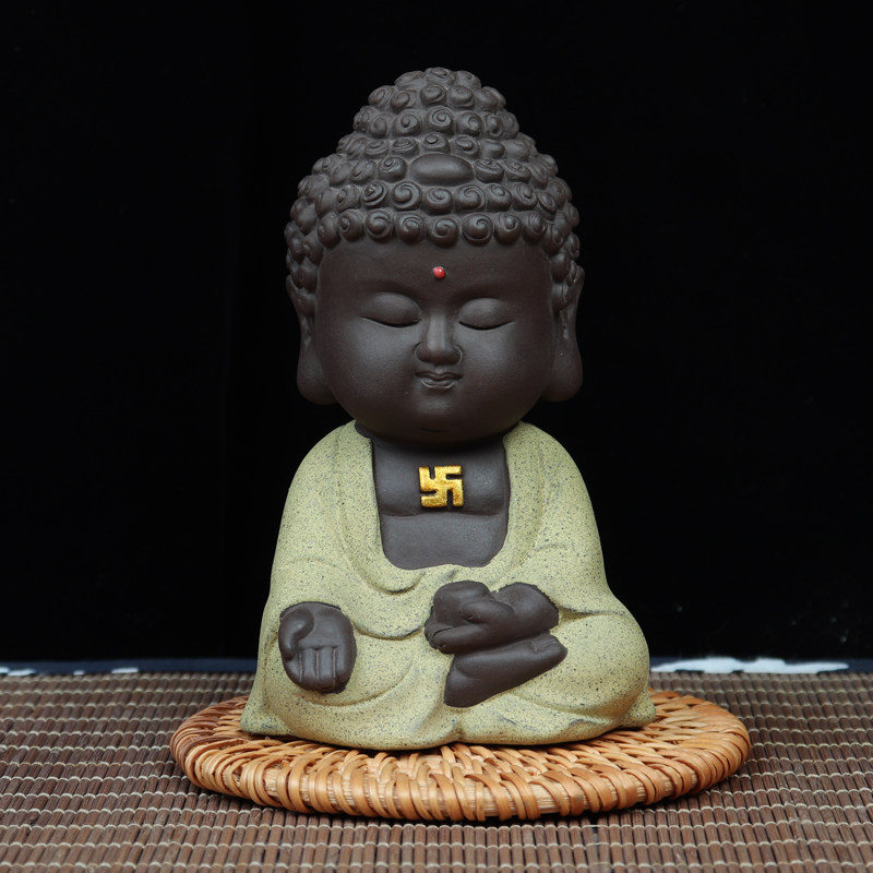 摆件彩砂陶陶陶瓷紫砂小如如来佛小沙佛像车载茶宠摆件
