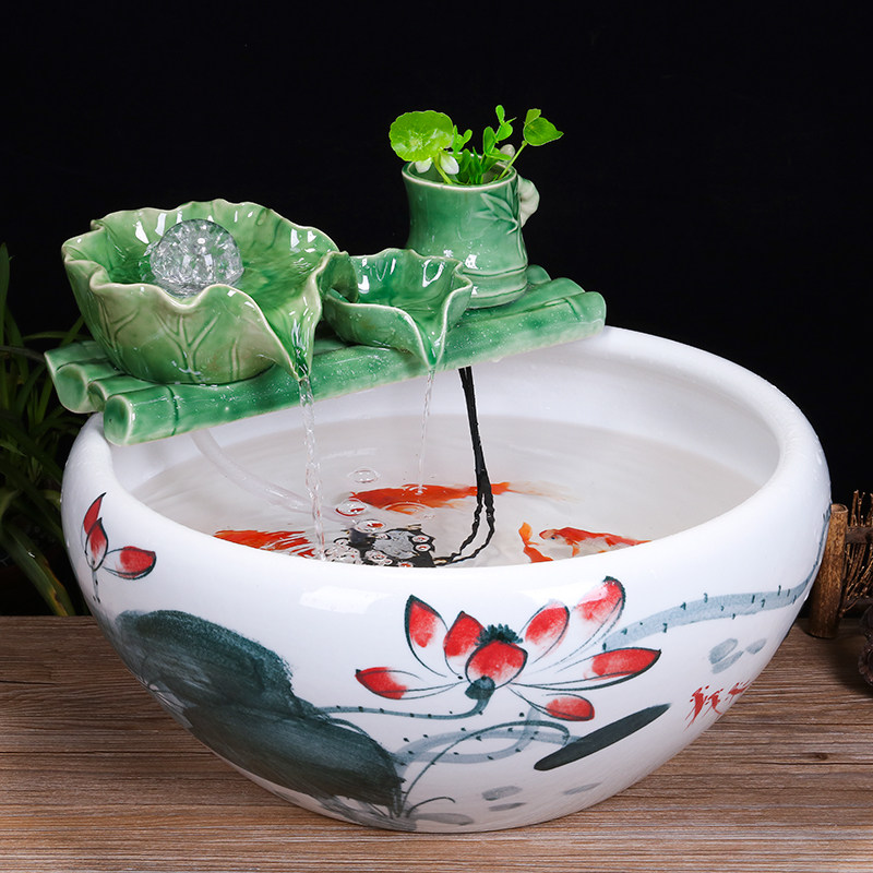 景德镇陶瓷鱼缸客厅喷泉桌面流水鱼缸 家用小型金鱼缸养鱼盆