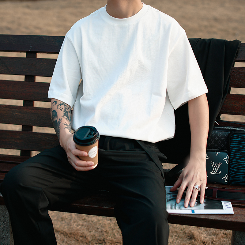 夏季日系300g重磅t恤男纯棉宽松短袖圆领二本针潮牌白色原宿风