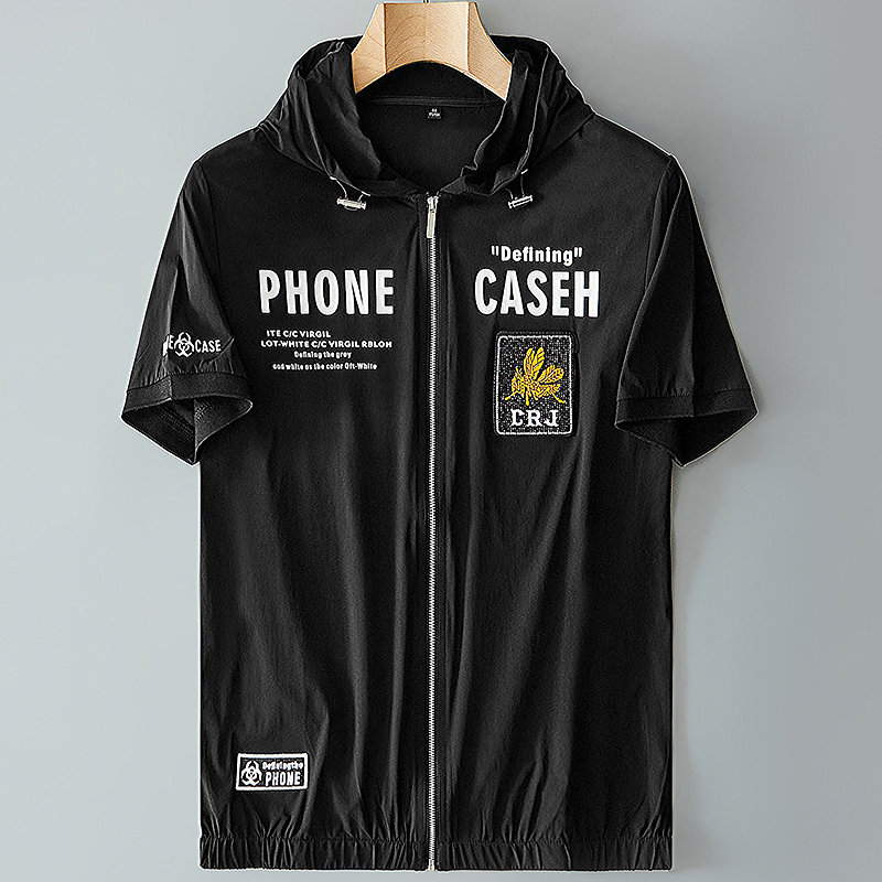 短袖t恤卫衣男开衫超薄冰感痞帅外套男春夏港风潮流烫钻T恤男体恤