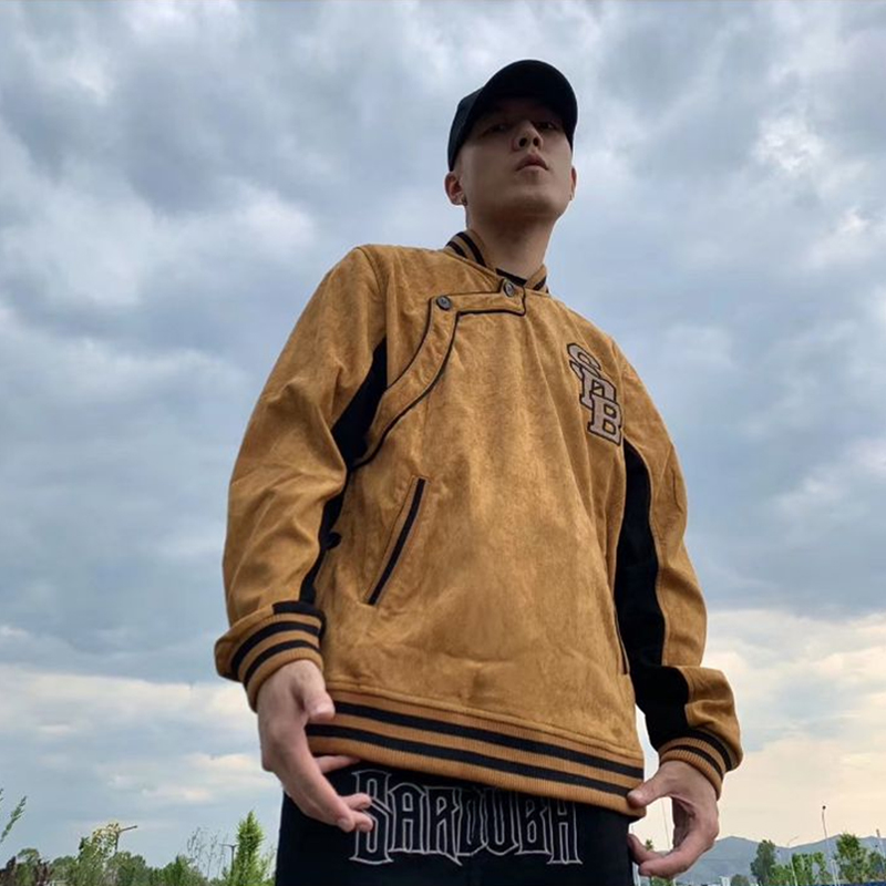 SARDUBA黄色鹿绒藏式棒球服复古百搭宽松慵懒秋冬季夹克唐古拉