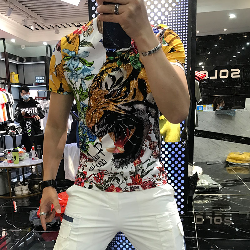 2021夏季新款欧洲站老虎烫钻重工数码直喷印花t恤个性修身短袖男
