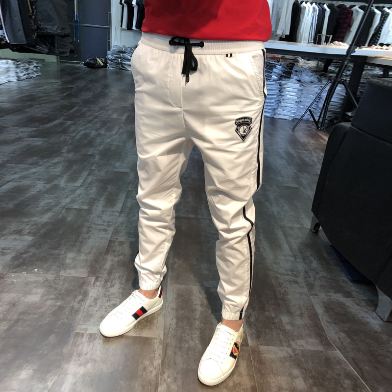 男士2022夏季薄款韩版修身束脚运动条纹休闲裤青年潮流小脚长裤男