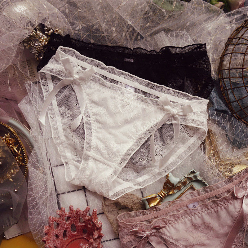 蕾丝内裤女日系甜美花性感镂空透明缎带蝴蝶结少女棉裆低腰三角裤