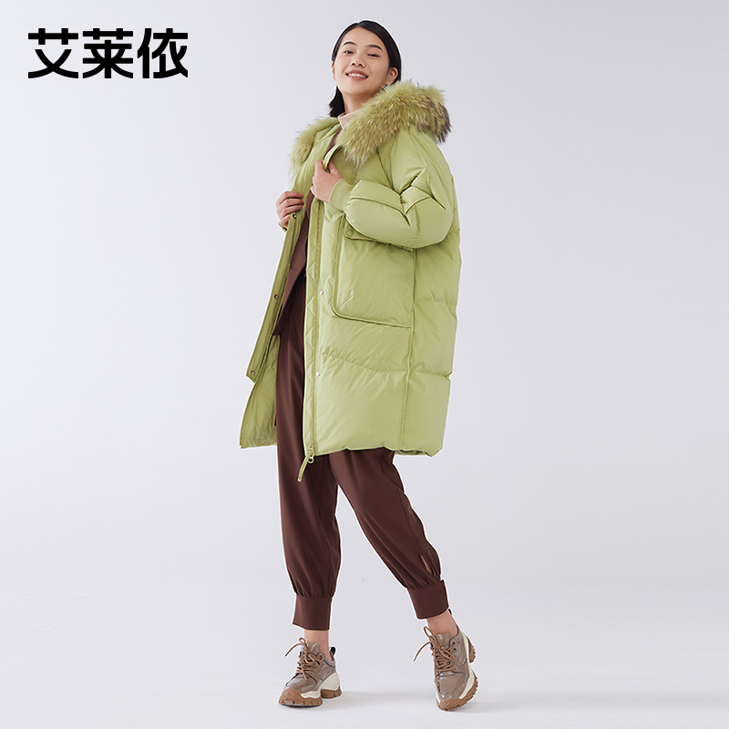 艾莱依冬季大毛领中长款羽绒服女爆款时尚设计感小众外套