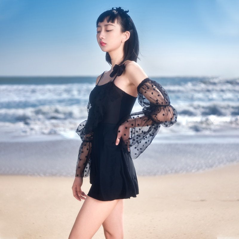 赫本优雅复古蝴蝶结波点吊带泳衣衣裙大腿肚子连体泳衣