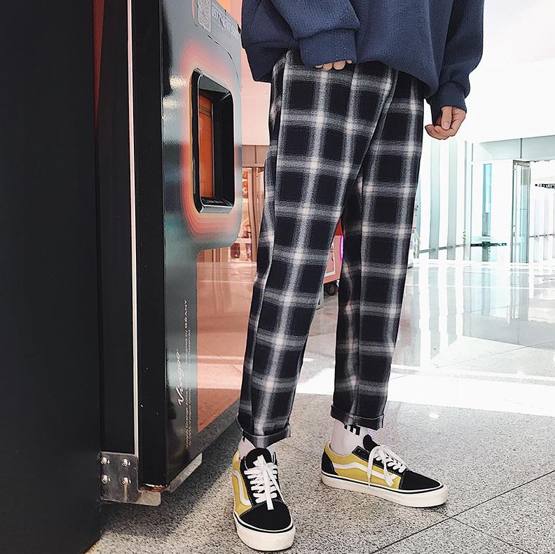 韩国ulzzang黑白原宿苏格兰格子裤情侣港风chic复古宽松休闲男女