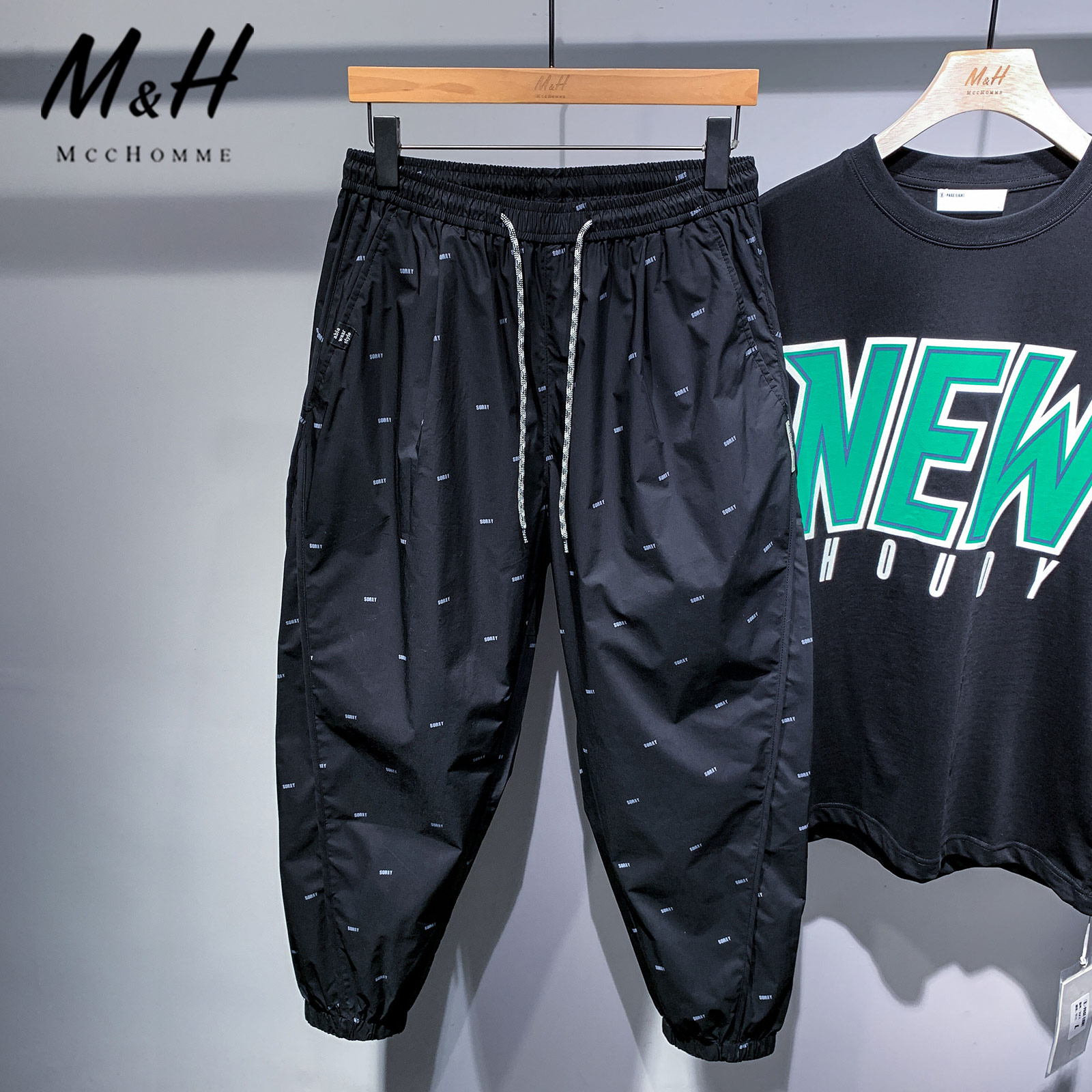 MCC HOMME 满身印花束脚哈伦九分裤男街头潮流个性帅气薄款休闲裤