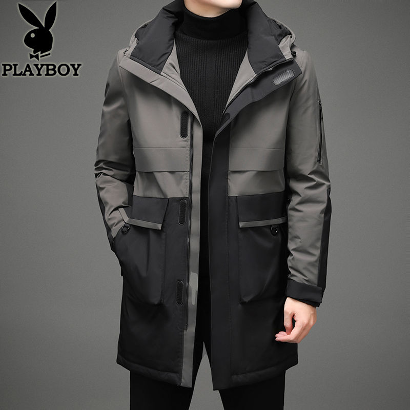 花花公子羽绒服男中长款2021年新款冬季工装外套加厚男士派克服潮