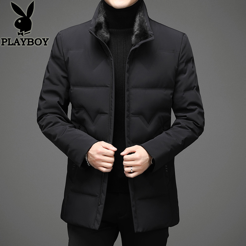 花花公子高端羽绒服男士冬季中长款水貂毛领保暖外套中年防寒服男