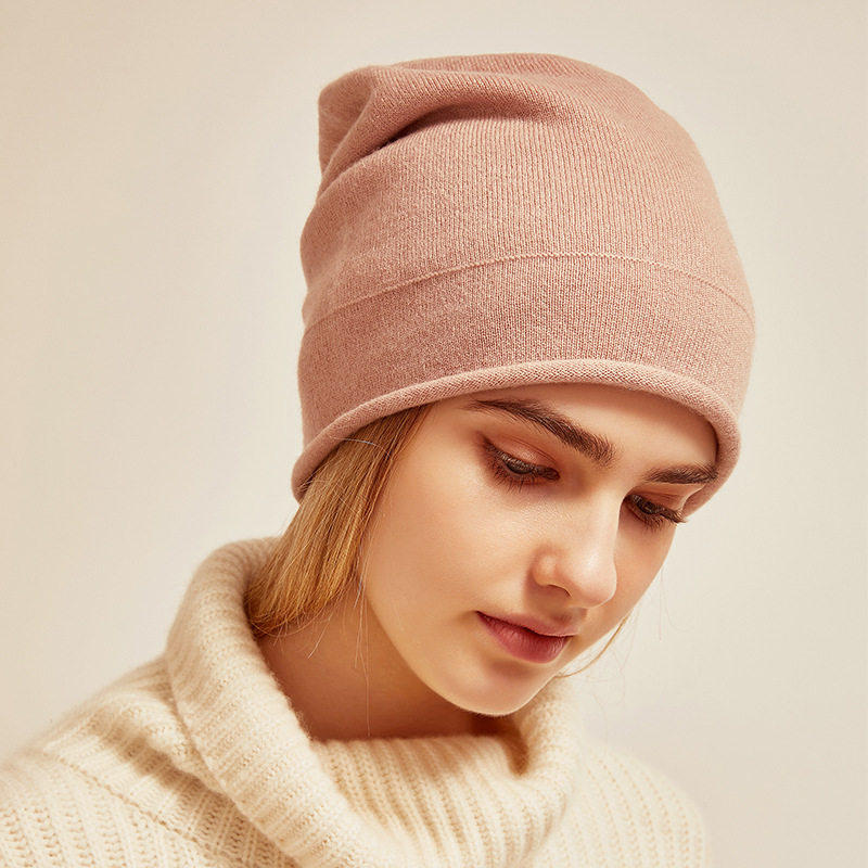 卷边针织套头包头堆堆帽纯山羊山羊绒绒帽子女帽子