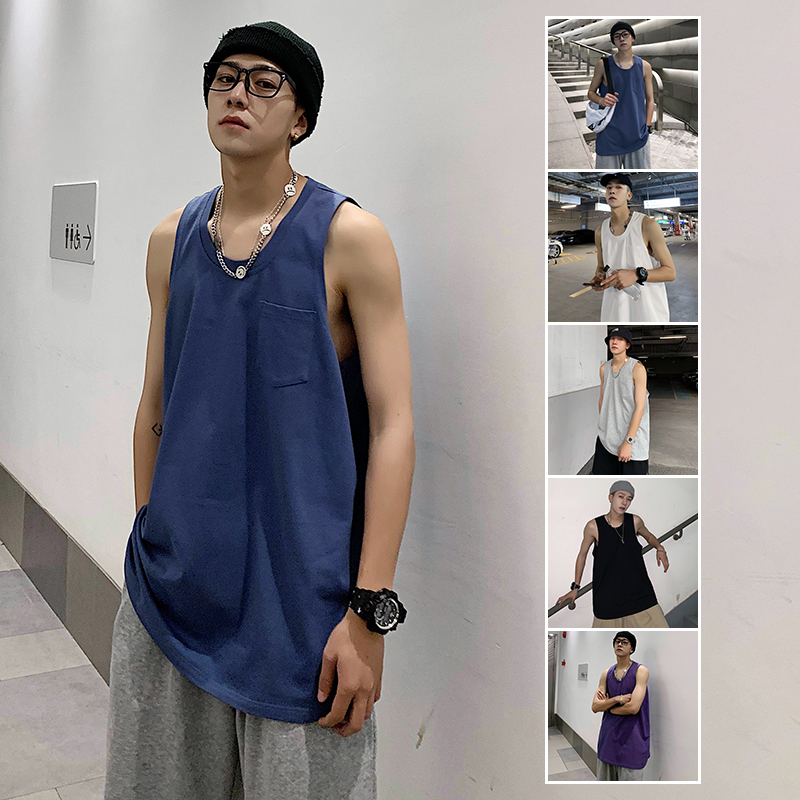 薄款无袖t恤男潮牌个性圆领纯色宽松oversize坎肩男夏季潮背心bf