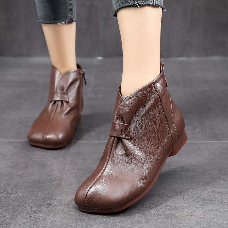 平底真皮短靴女春秋冬妈妈靴子圆头软底单靴软皮鞋休闲二棉鞋加绒