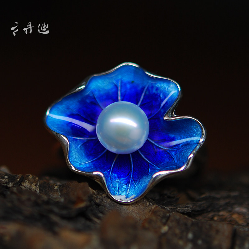 卡丹迪新品s925银荷荷花天然珍珠戒指开口食指戒指