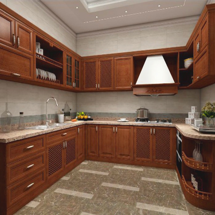 现代整体橱柜定做开放式红橡实木简约厨房厨柜原木整体厨柜