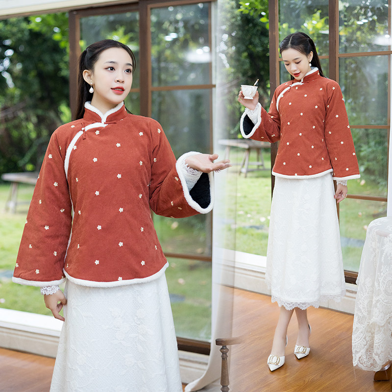 冬装新款复古民国风灯芯绒绣花加棉加厚兔毛边棉衣棉服女棉袄