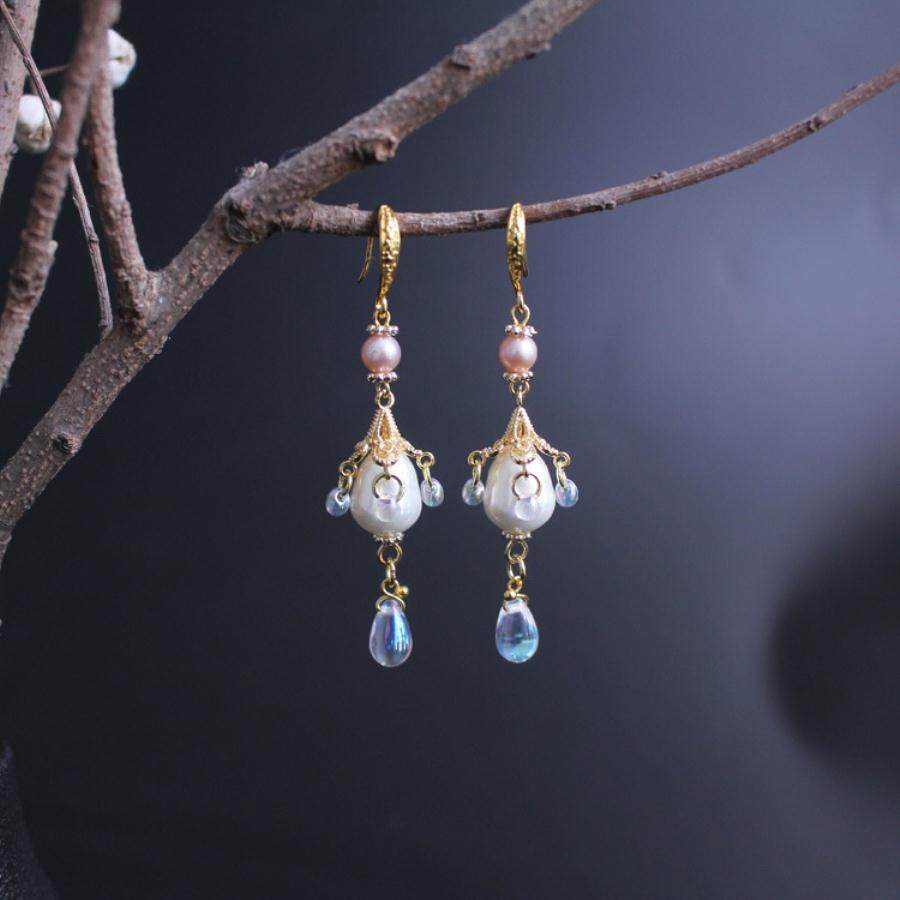 古风风中国风贝壳珍珠耳坠宫廷耳环螺旋耳夹耳环