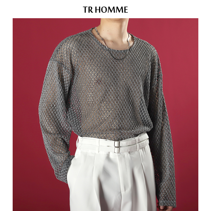 TR HOMME 镂空长袖T恤男宽松落肩袖ins网红韩风潮流休闲网眼上衣
